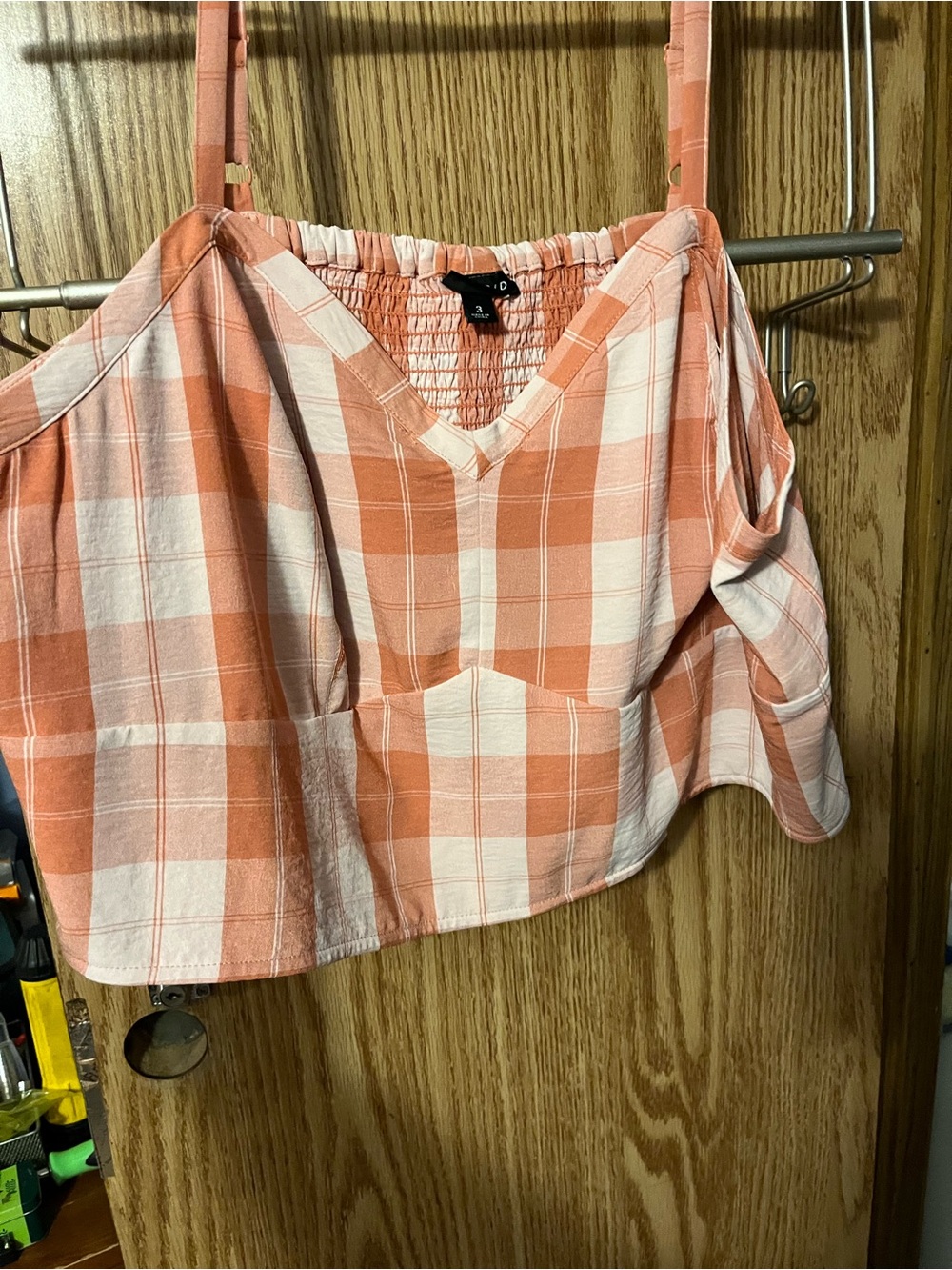 torrid Peach and Cream Plaid Cold-Shoulder Crop Top
